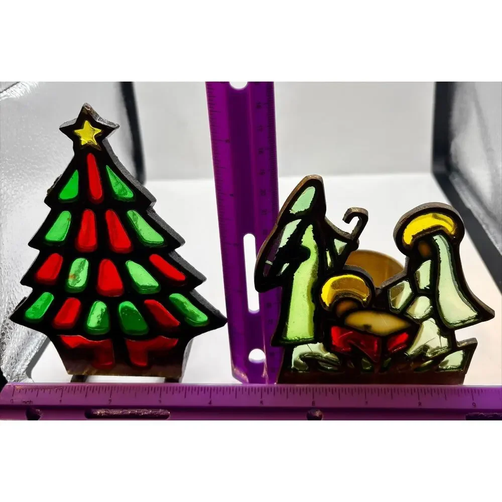 VTG Enesco Faux Stained Glass Christmas Tree and Nativity Scene Candle Holder